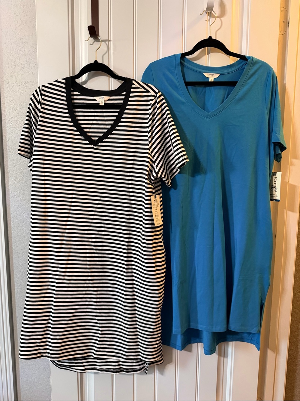 Striped Black & White and Teal V-Neck dress Duo